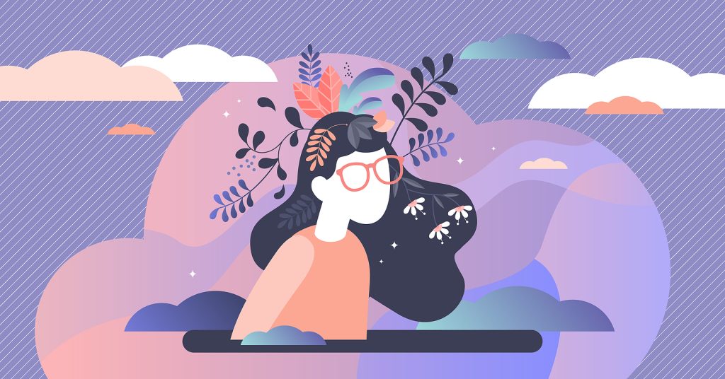 Illustration of a woman with creativity flowing from her brain