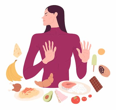 Illustration of a woman refusing lots of different foods